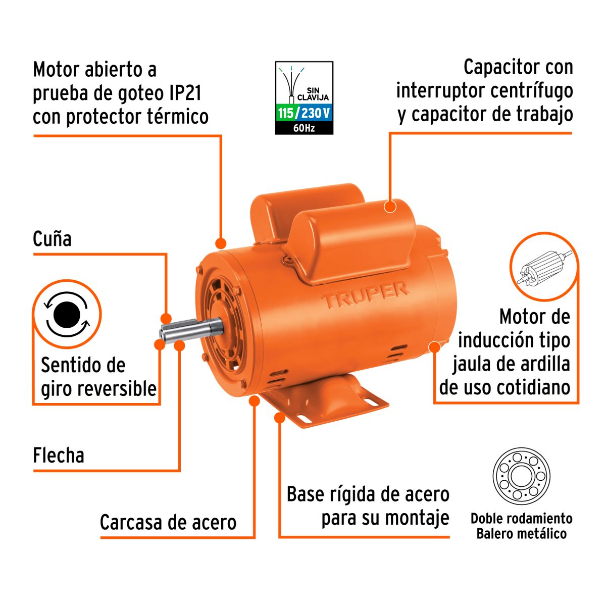 MOTOR ELECTRICO MONOFASICO DE 3/4 HP BAJA VELOCIDAD TRUPER - Imagen 2